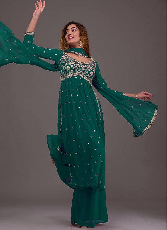 Georgette Green Party Wear Sequence Work Readymade IndoWestern